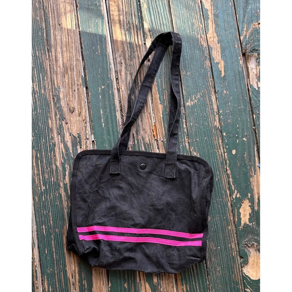 Black Canvas Tote Bag Pink Stripes Snap Closure Everyday Shoulder Bag A4379